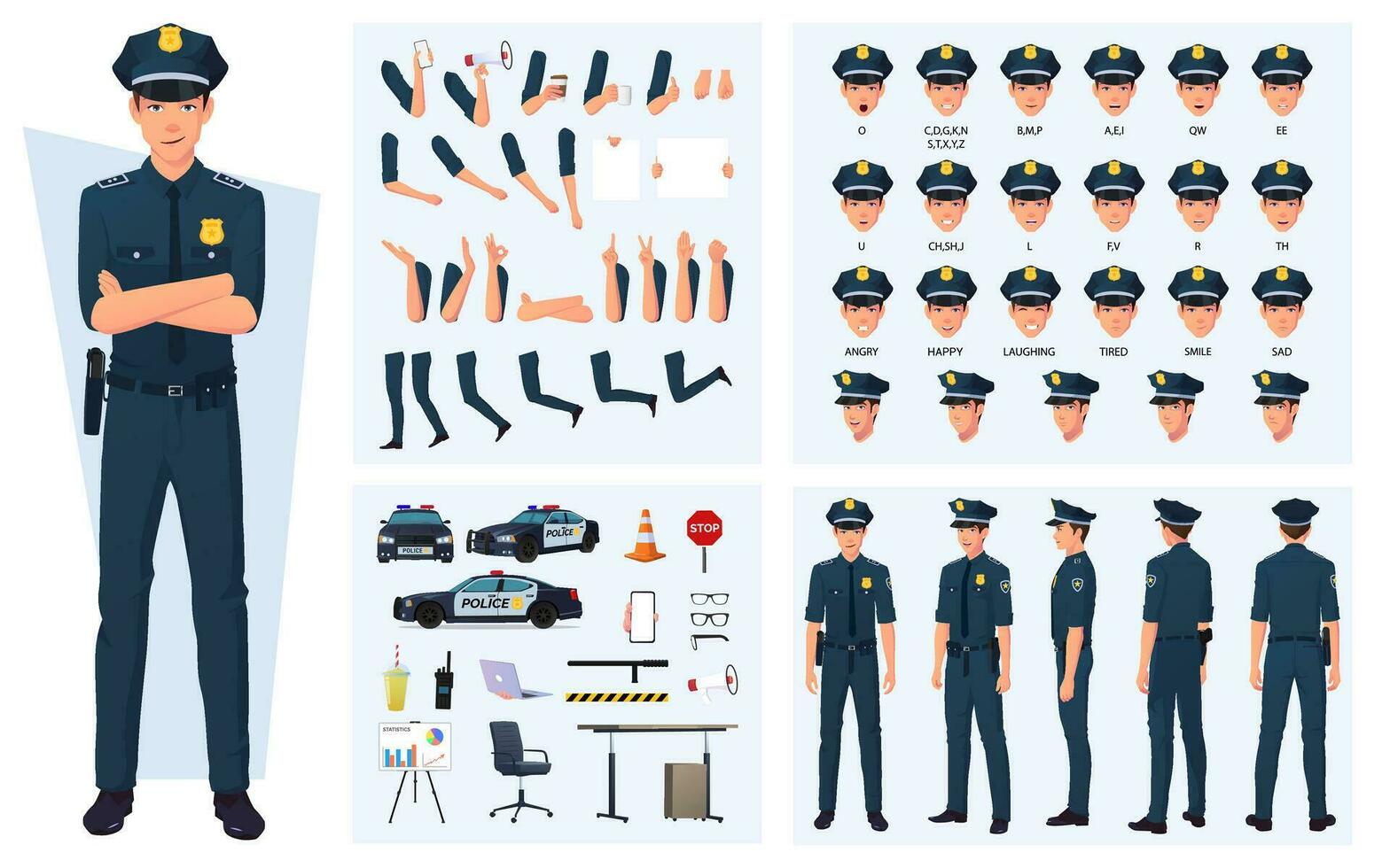 polis karaktär skapande med gester, ansiktsbehandling uttryck, annorlunda poserar, polis bil och olika element vektor