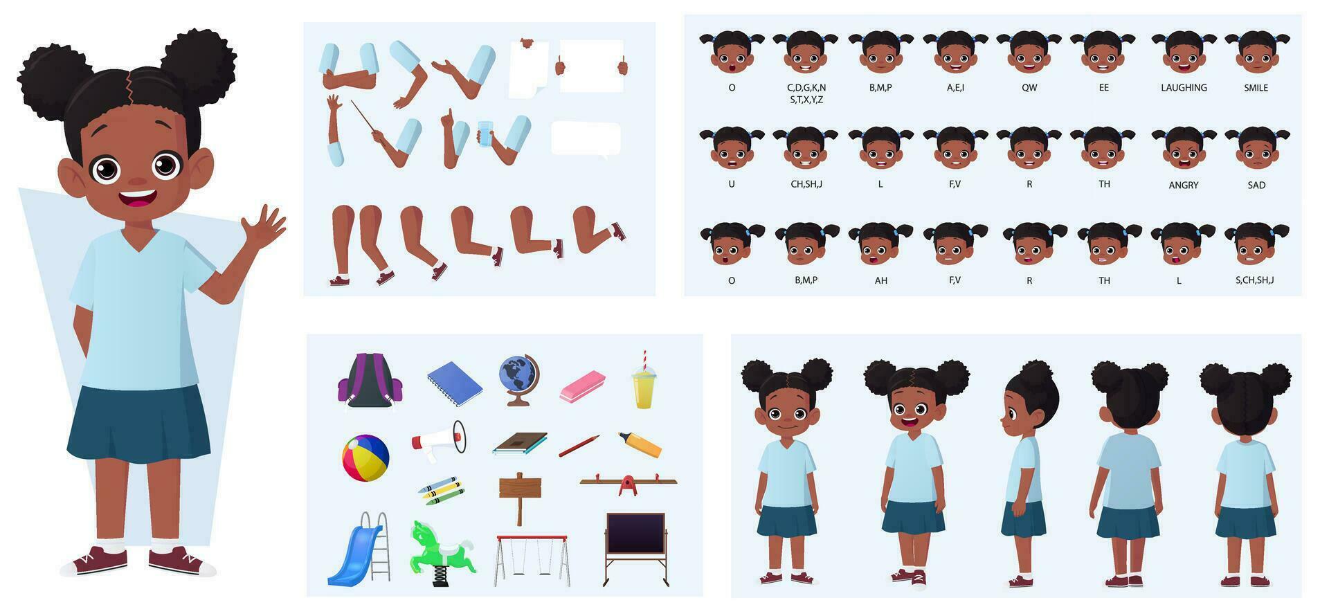 afrikanisch amerikanisch Mädchen Charakter Konstrukteur Pack mit Gesten, Gesichts- Ausdrücke, und anders posiert Vektor Illustration