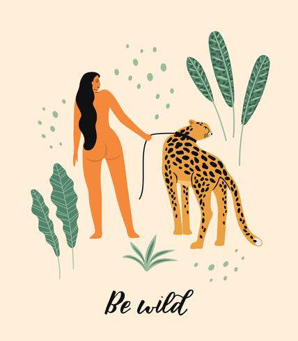 Vara vild. Vektor illustration av kvinna med leopard.