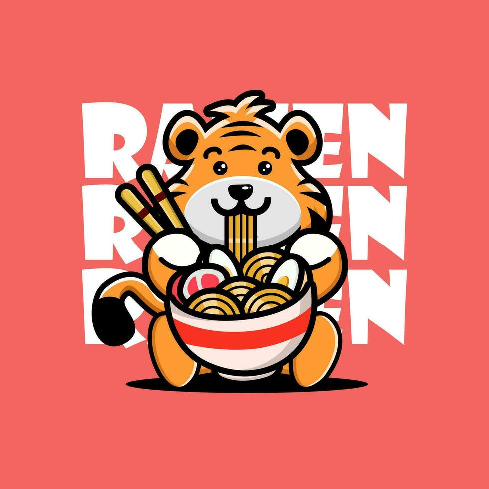 söt bebis tiger äter Ramen spaghetti vektor