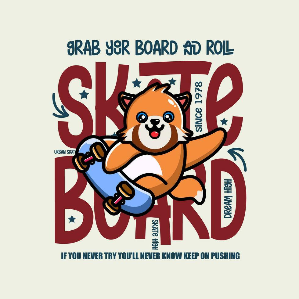 söt röd panda skateboarder tecknad serie karaktär tshirt design vektor