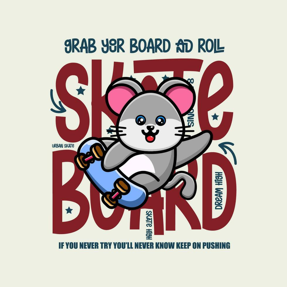 söt mus skateboarder tecknad serie karaktär tshirt design vektor