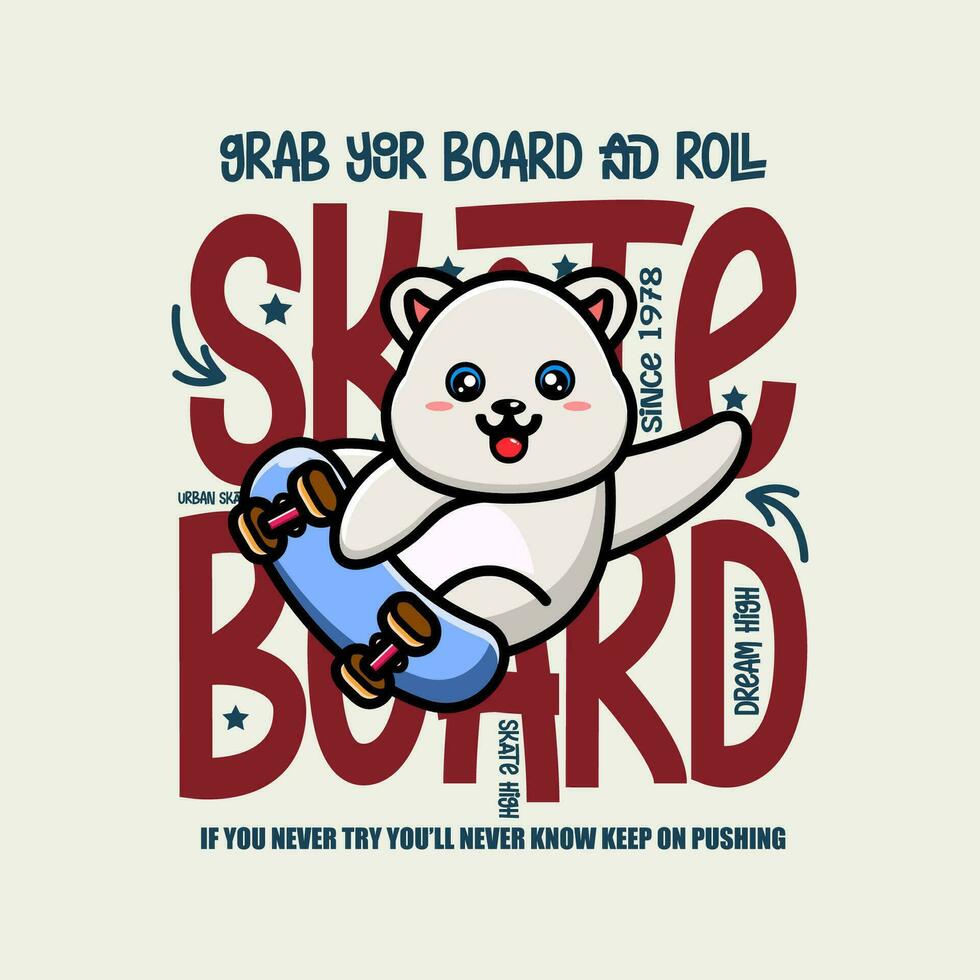 süß Polar- Skateboardfahrer Karikatur Charakter T-Shirt Design vektor