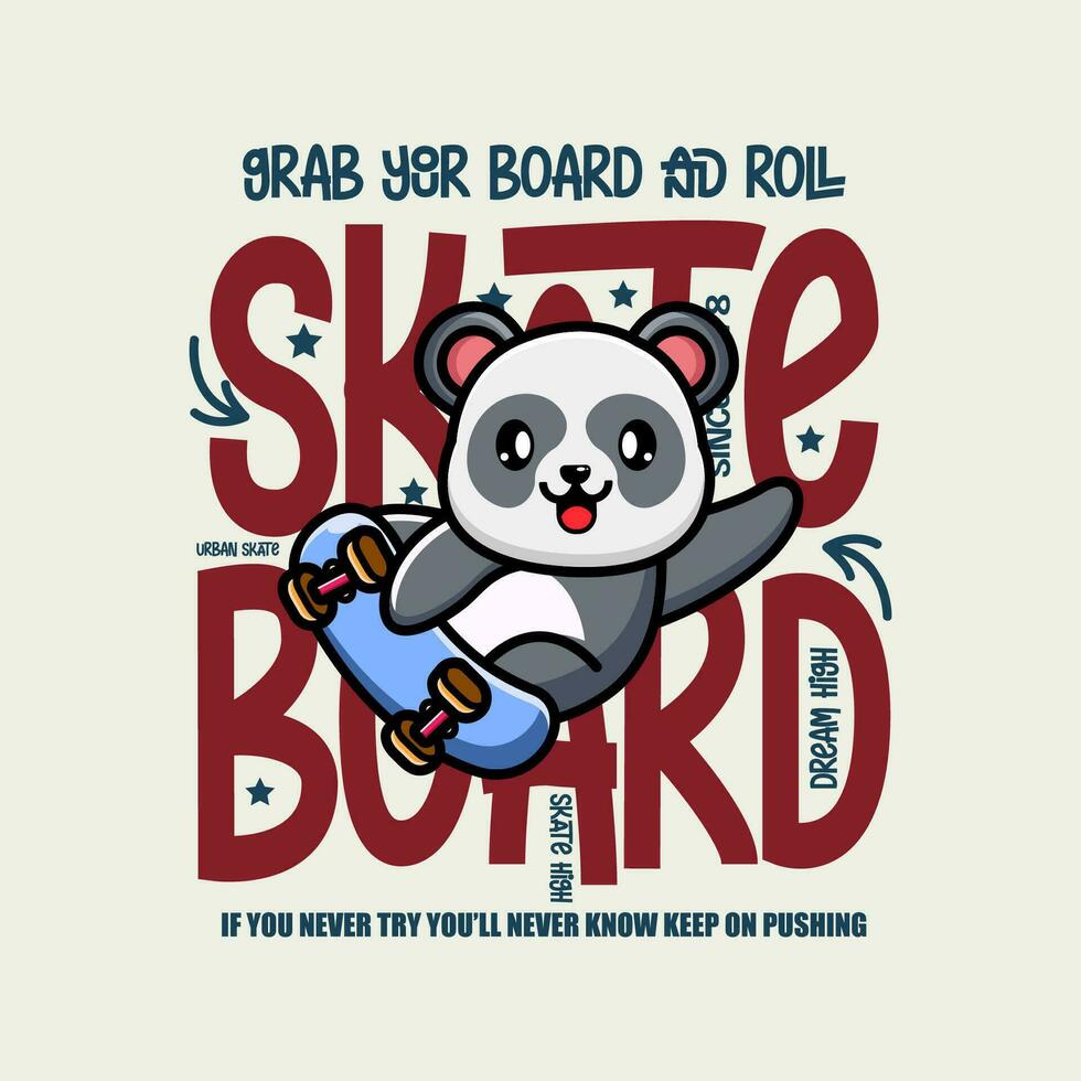 söt panda skateboarder tecknad serie karaktär tshirt design vektor