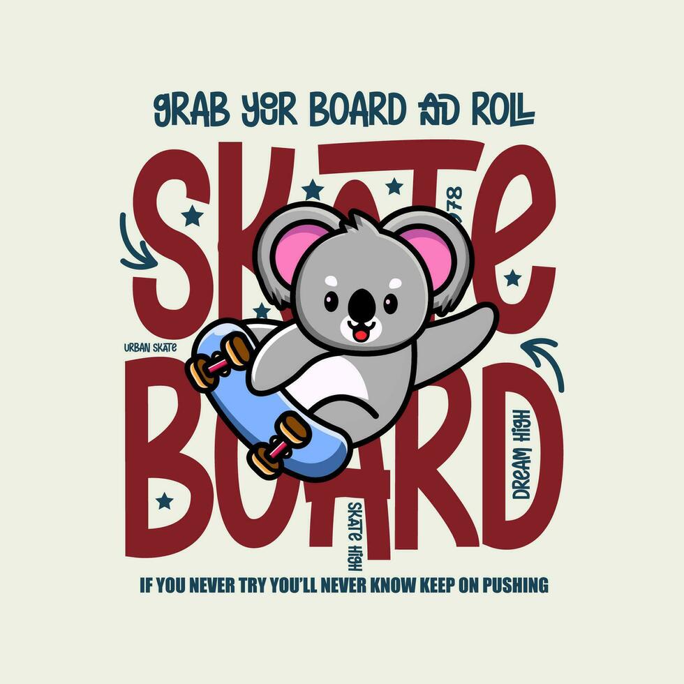 süß Koala Skateboardfahrer Karikatur Charakter T-Shirt Design vektor