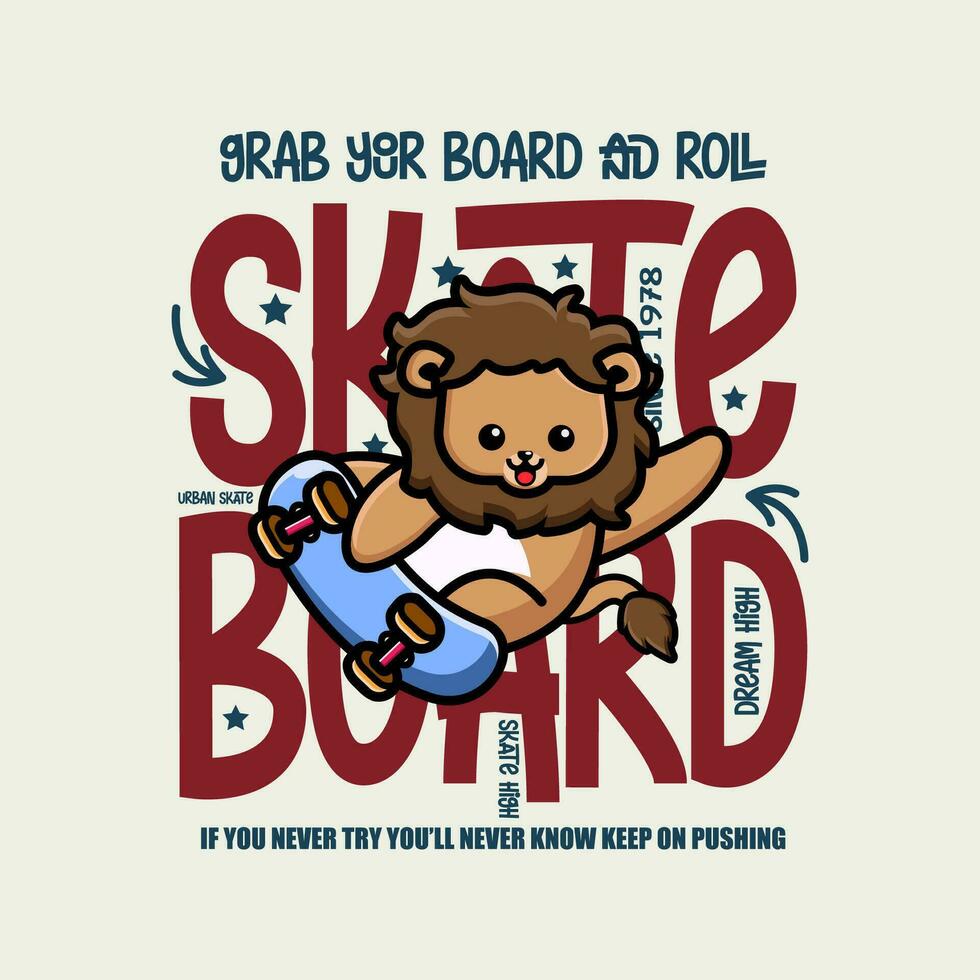 söt lejon skateboarder tecknad serie karaktär tshirt design vektor