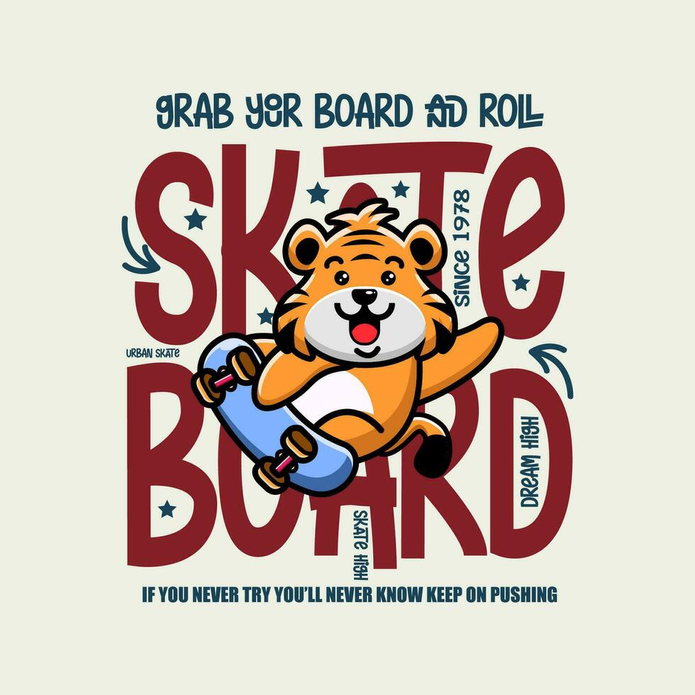 söt tiger skateboarder tecknad serie karaktär tshirt design vektor