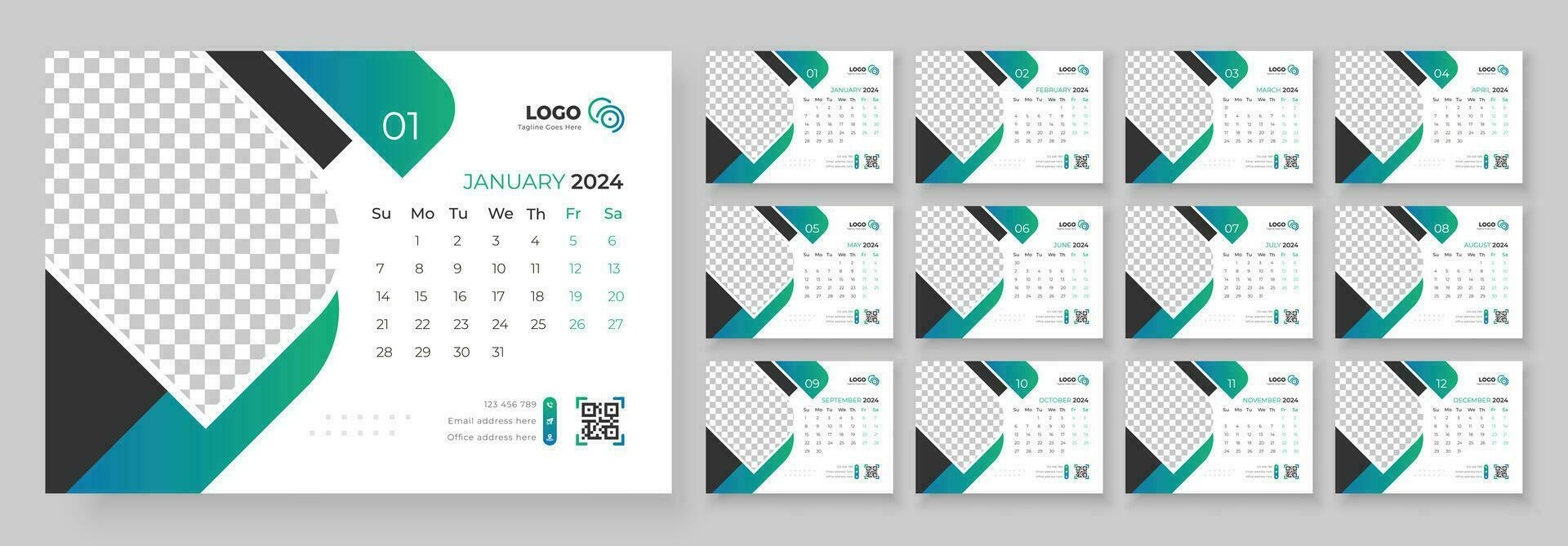 Schreibtisch Kalender Vorlage 2024. Schreibtisch Kalender im ein minimalistisch Stil. Woche beginnt auf Sonntag. vektor