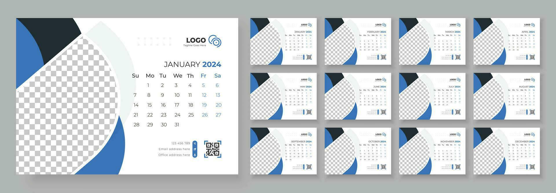 Schreibtisch Kalender Vorlage 2024. Schreibtisch Kalender im ein minimalistisch Stil. Woche beginnt auf Sonntag. Kalender 2024 Planer korporativ Vorlage Design. vektor