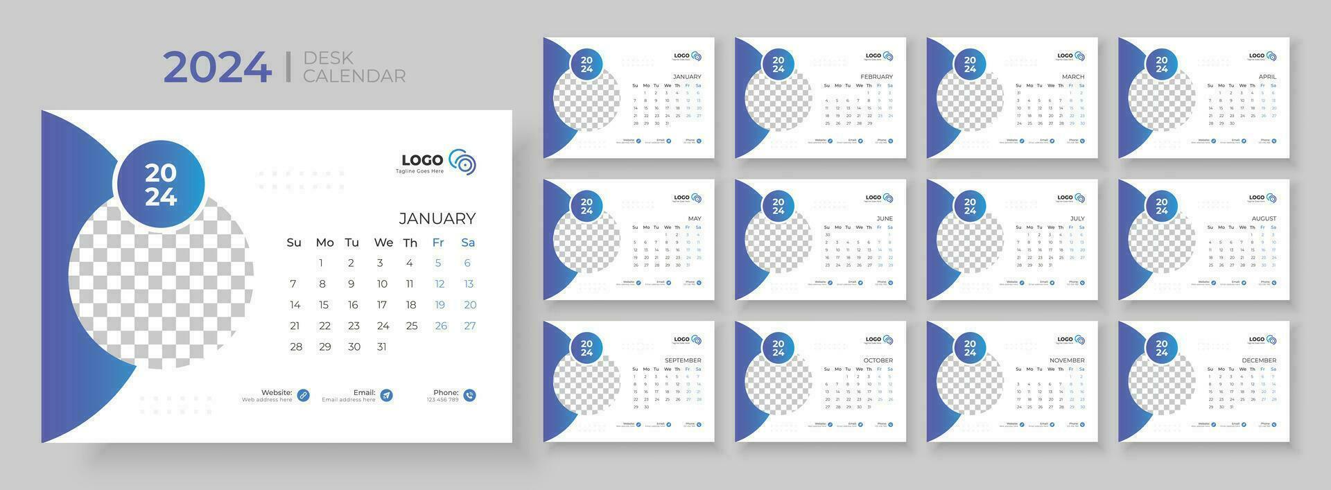 skrivbord kalender mall 2024. skrivbord kalender i en minimalistisk stil. vecka börjar på söndag. planerare för 2024 år. vektor