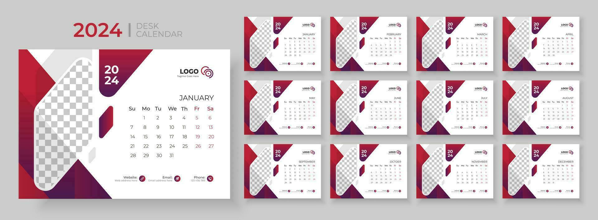 skrivbord kalender mall 2024. skrivbord kalender i en minimalistisk stil. vecka börjar på söndag. planerare för 2024 år. vektor