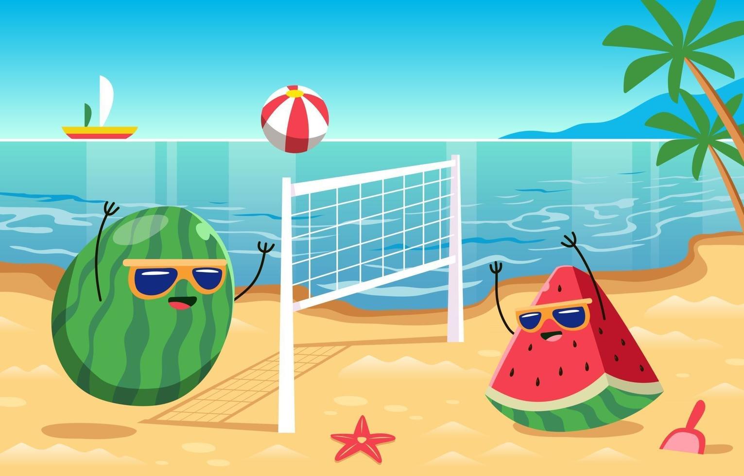 lustige Wassermelone, die Volleyball Beachball spielt vektor