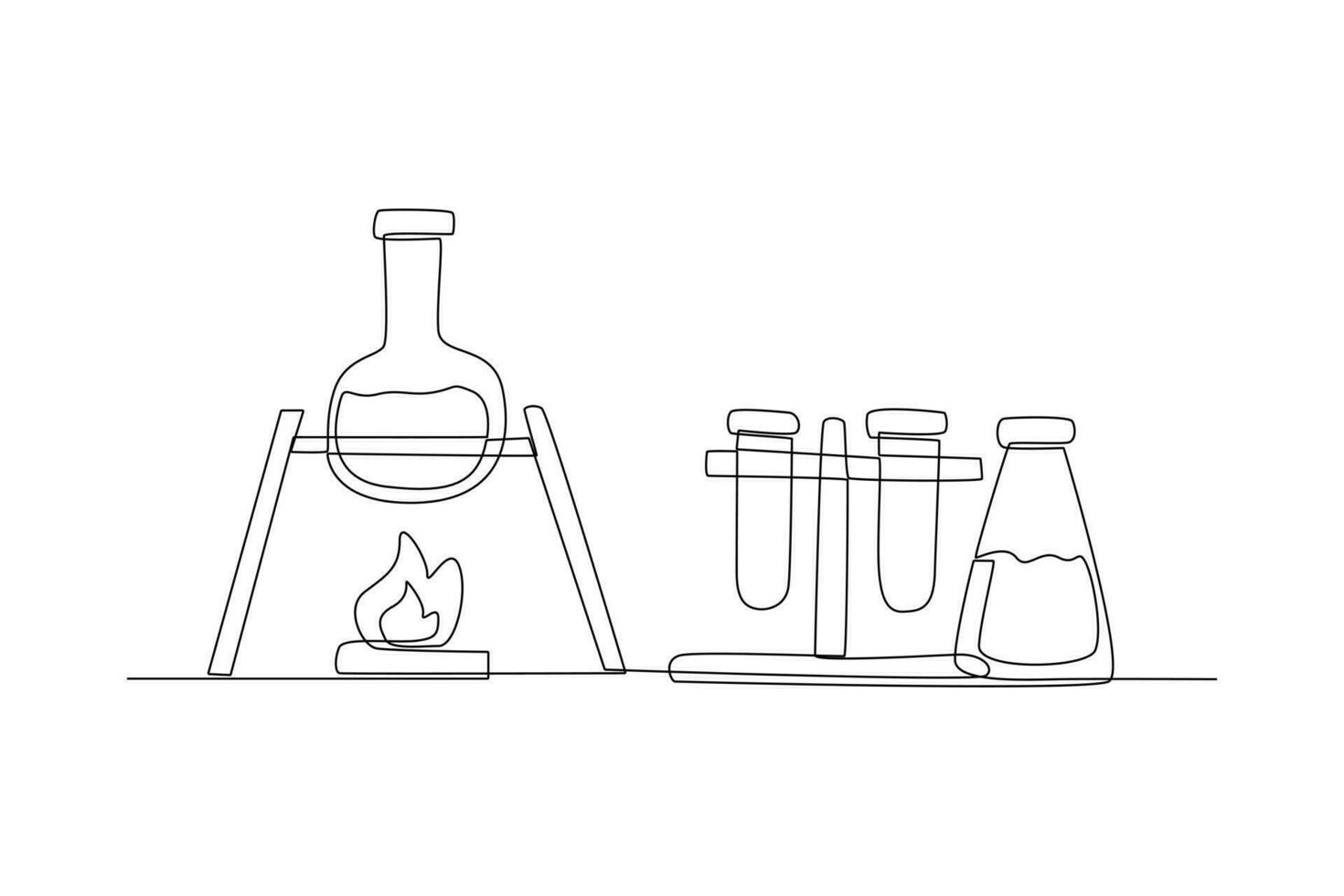 ett kontinuerlig linje teckning av kemi och fysik laboratorium Utrustning begrepp. klotter vektor illustration i enkel linjär stil.
