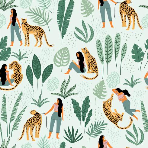 Vektor sömlöst mönster med kvinnor, leoparder och tropiska löv.