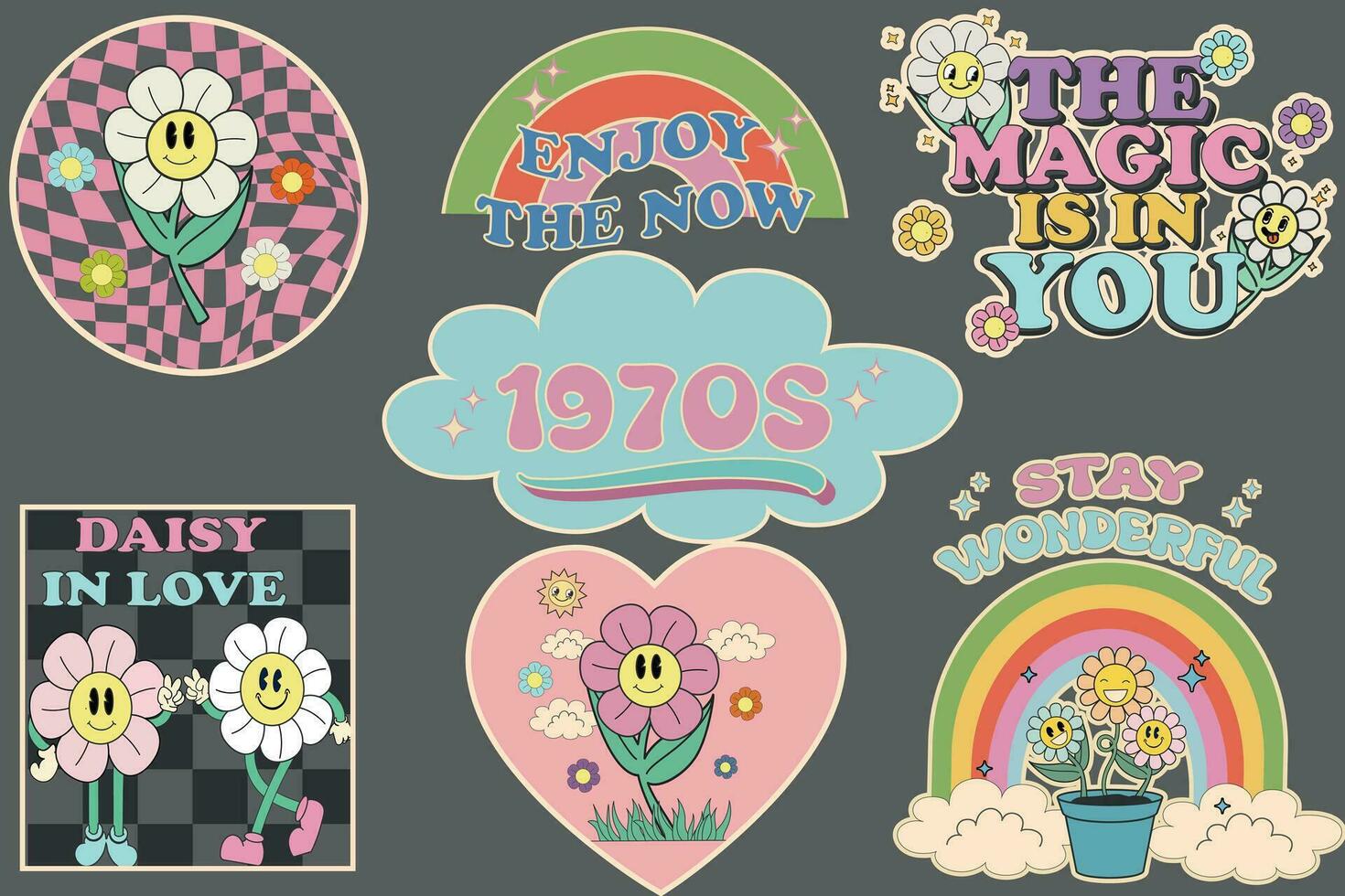 uppsättning av 70s häftig element vektor. samling av tecknad serie tecken, klotter leende ansikte blommor, sol, regnbåge, hjärta och stjärnor. söt retro häftig hippie design för dekorativ, klistermärke. vektor