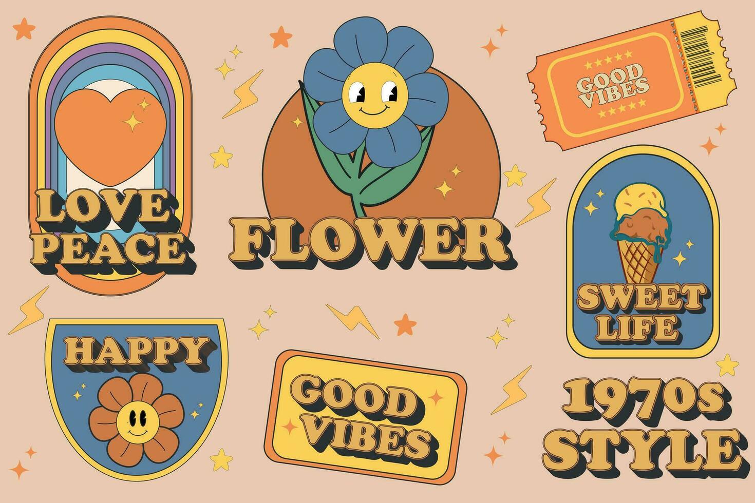 häftig hippie 70s värld, blommor, regnbåge, is grädde, skor, flytta, och tillväxt klistermärke packa i årgång retro psychedelic tecknad serie illustration stil vektor