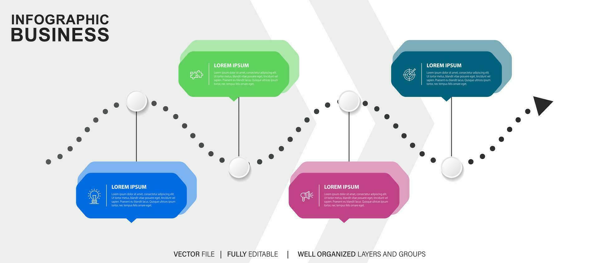 Infografik Geschäft Präsentation 4 Optionen zu Ziel. Infografik Pfeile. Strategie, Marketing, Bericht. Vektor Illustration.