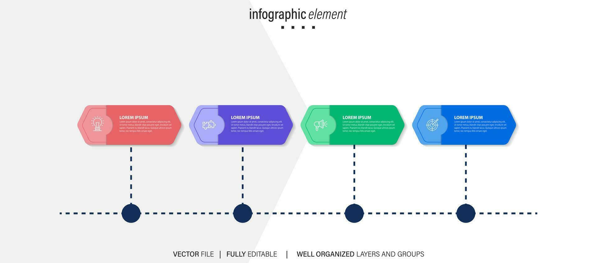 Infografik Geschäft Präsentation 4 Optionen zu Ziel. Infografik Pfeile. Strategie, Marketing, Bericht. Vektor Illustration.