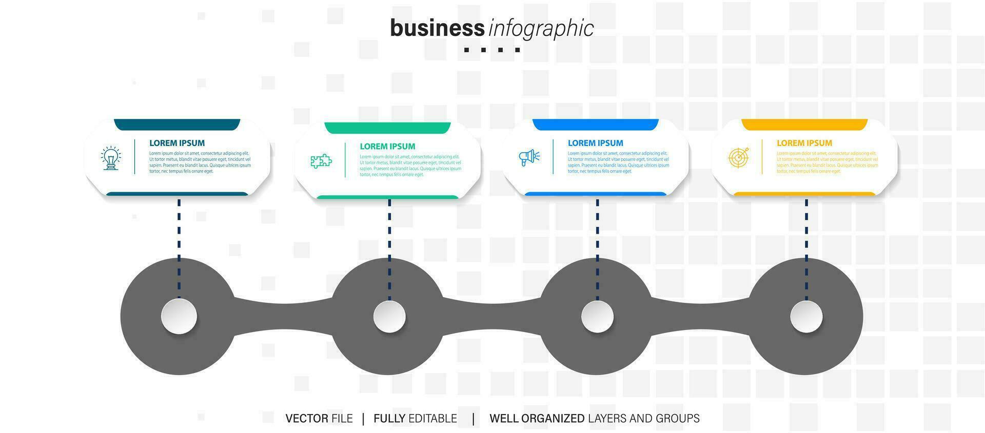 tidslinje infographic med infodiagram. modern presentation mall med 4 steg för företag bearbeta. hemsida mall på vit bakgrund för begrepp modern design. horisontell layout. vektor