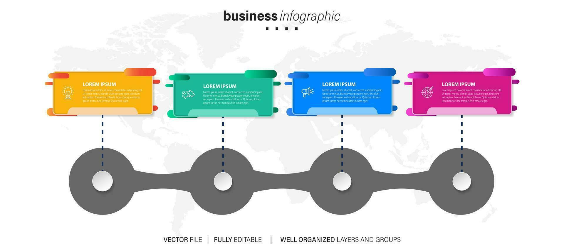 Zeitleiste Infografik mit Infodiagramm. modern Präsentation Vorlage mit 4 Schritte zum Geschäft Verfahren. Webseite Vorlage auf Weiß Hintergrund zum Konzept modern Design. horizontal Layout. vektor