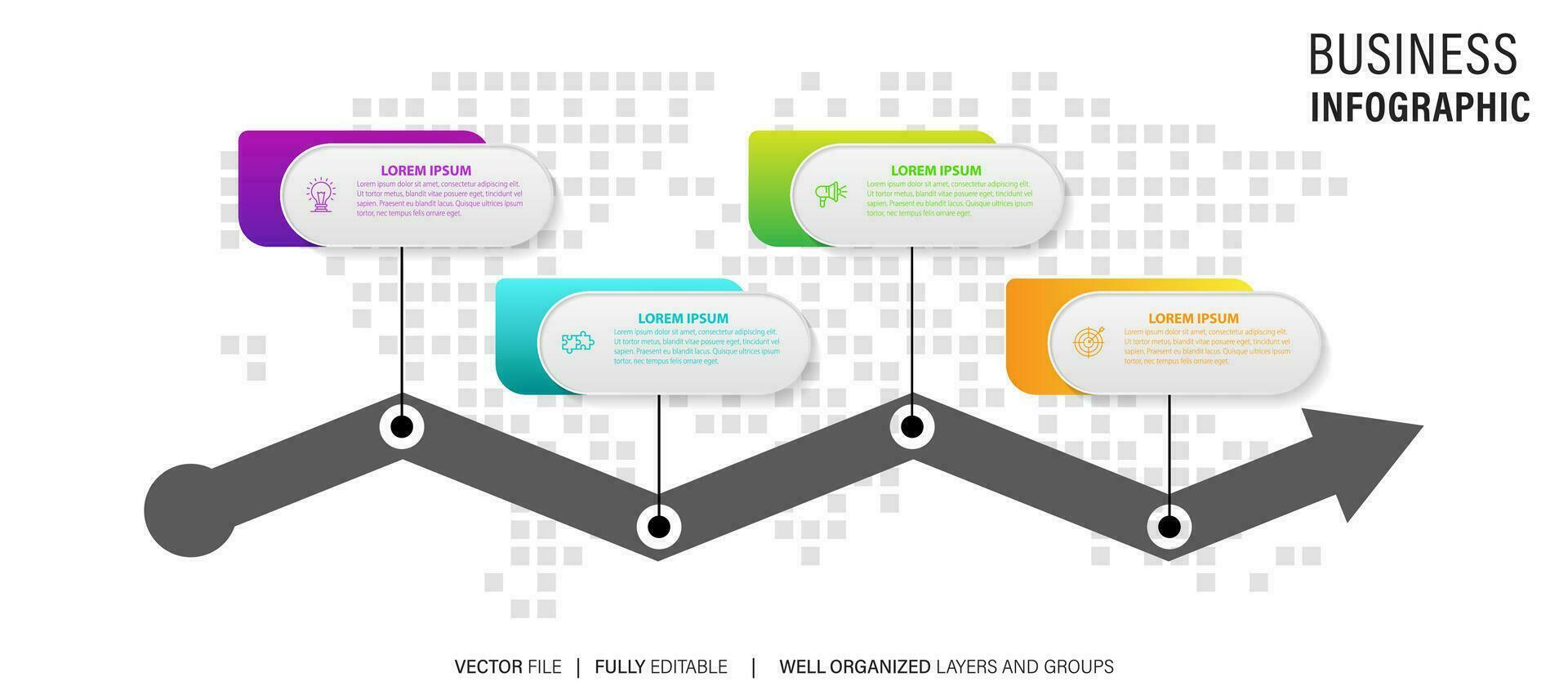 tidslinje infographic med infodiagram. modern presentation mall med 4 steg för företag bearbeta. hemsida mall på vit bakgrund för begrepp modern design. horisontell layout. vektor