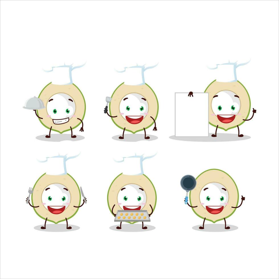 Karikatur Charakter von Scheibe von Grün Kokosnuss mit verschiedene Koch Emoticons vektor