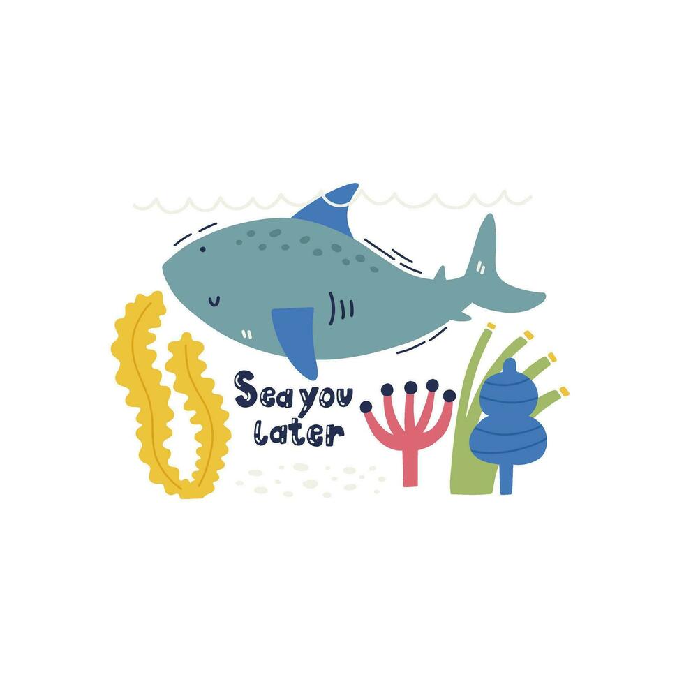 süß Hand gezeichnet Meer Tier Charakter Hai vektor