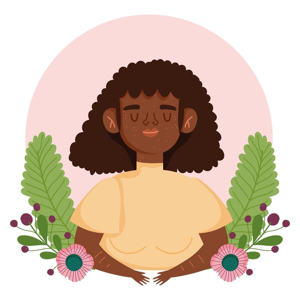 perfekt unvollkommene afroamerikanische Frau mit Sommersprossen Blumen Zeichentrickfigur vektor