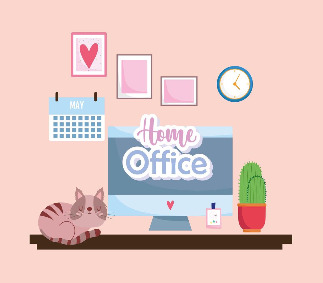 Home Office Innen Computer Bildschirm Kalender Schreibtisch Katze und Kaktus vektor