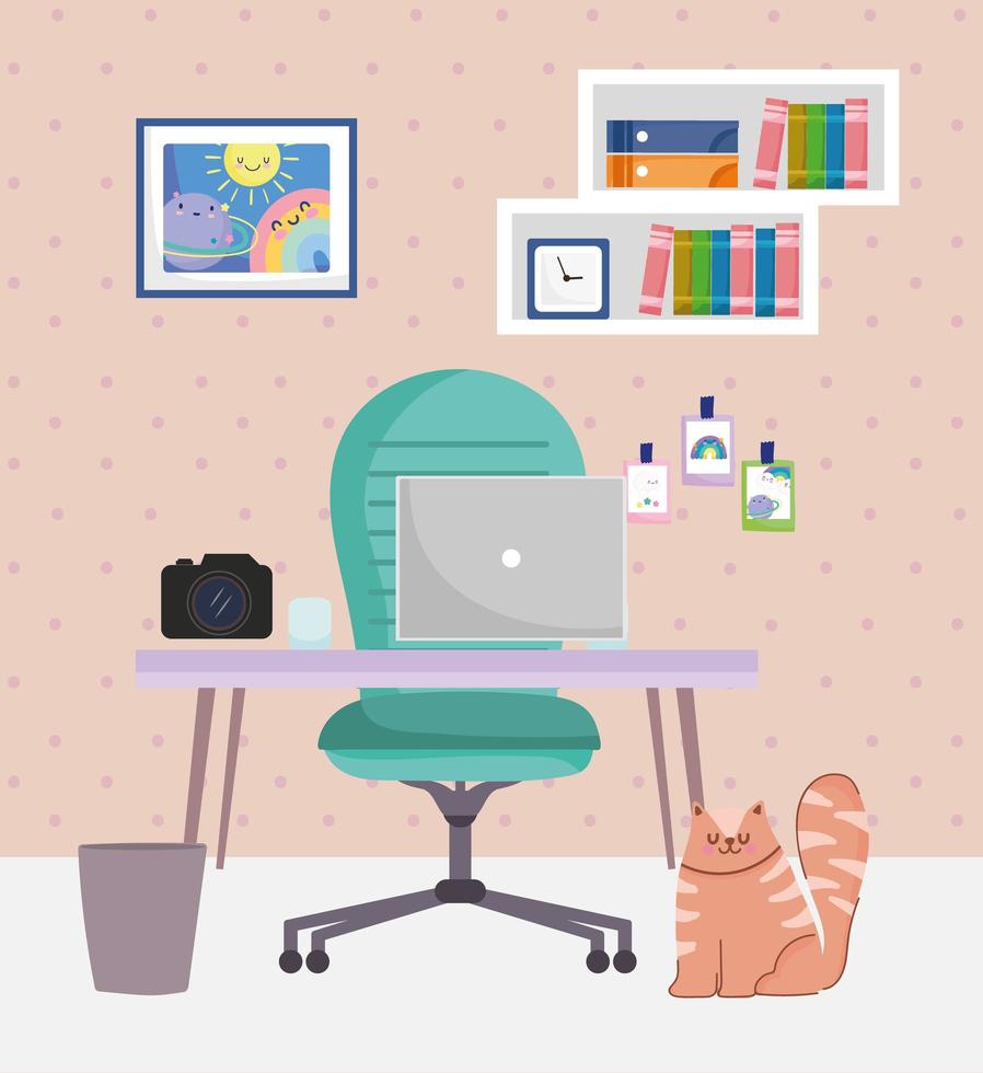 Büro und Arbeiten von zu Hause aus Schreibtischstuhl Kamera Laptop Katze und Mülleimer vektor