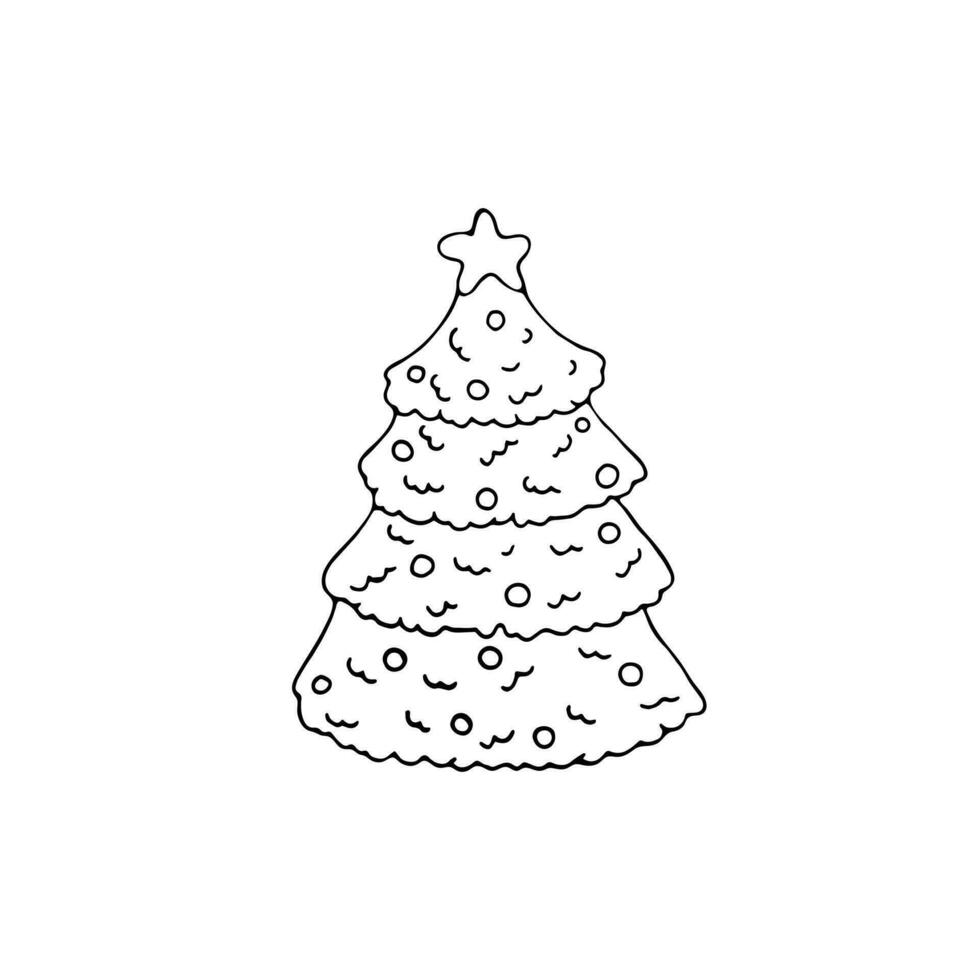 Hand gezeichnet Weihnachten Baum, dekoriert mit Beleuchtung und Stern. einfach Vektor Illustration auf Weiß Hintergrund