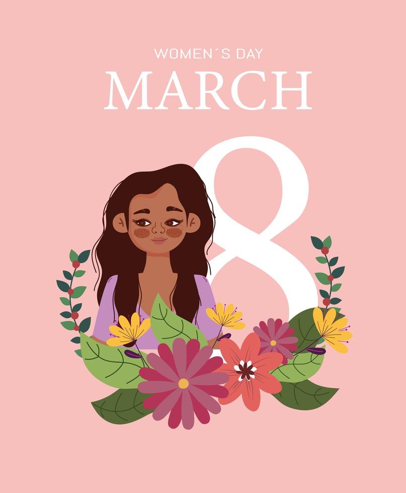 kvinnodag 8 mars, internationell festflicka med blommor vektor