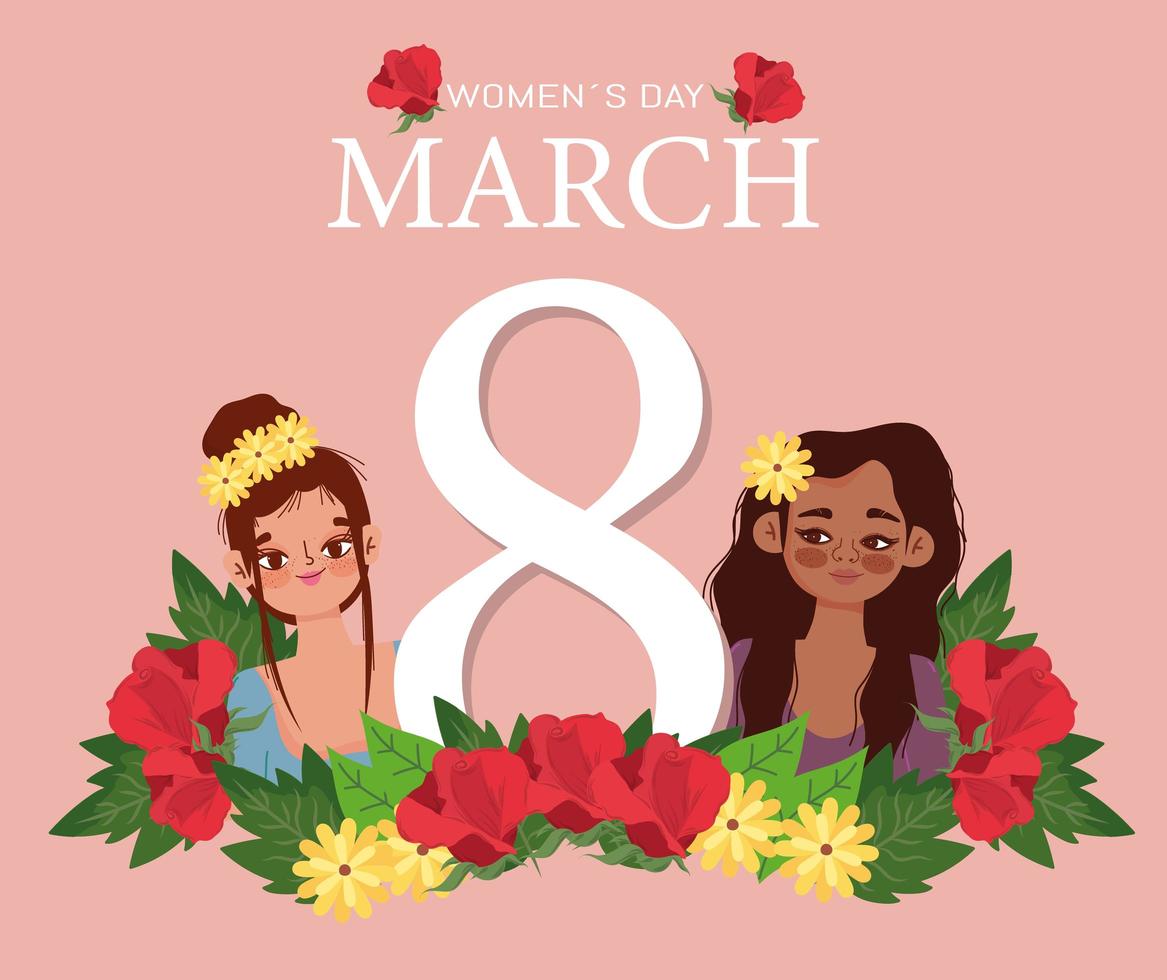 kvinnors dag 8 mars bokstäver och flickor med blommor kort vektor
