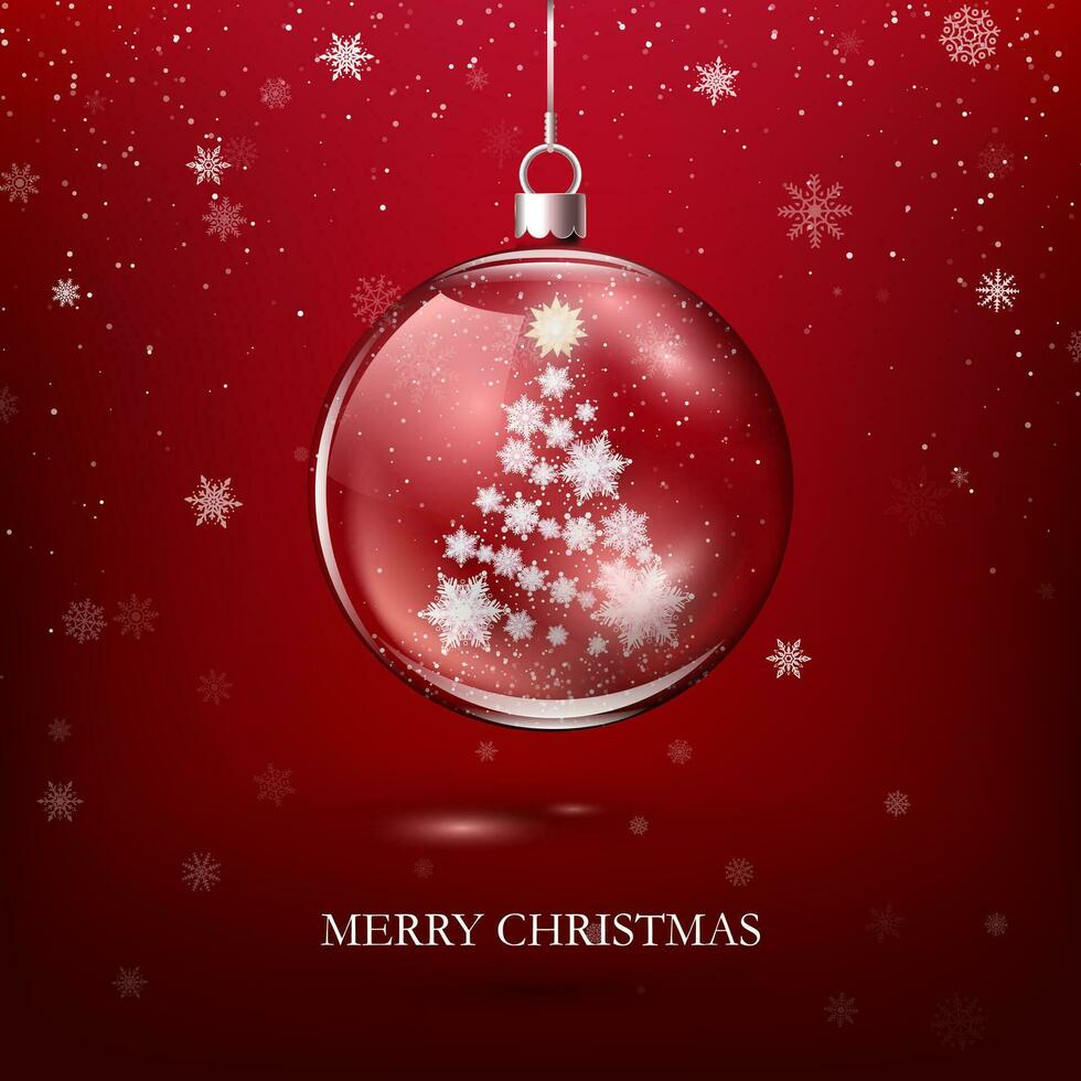 glansig jul dekoration. jul träd silhuett tillverkad av papper snöflingor inuti glas boll. ny år hälsning kort design. vektor illustration