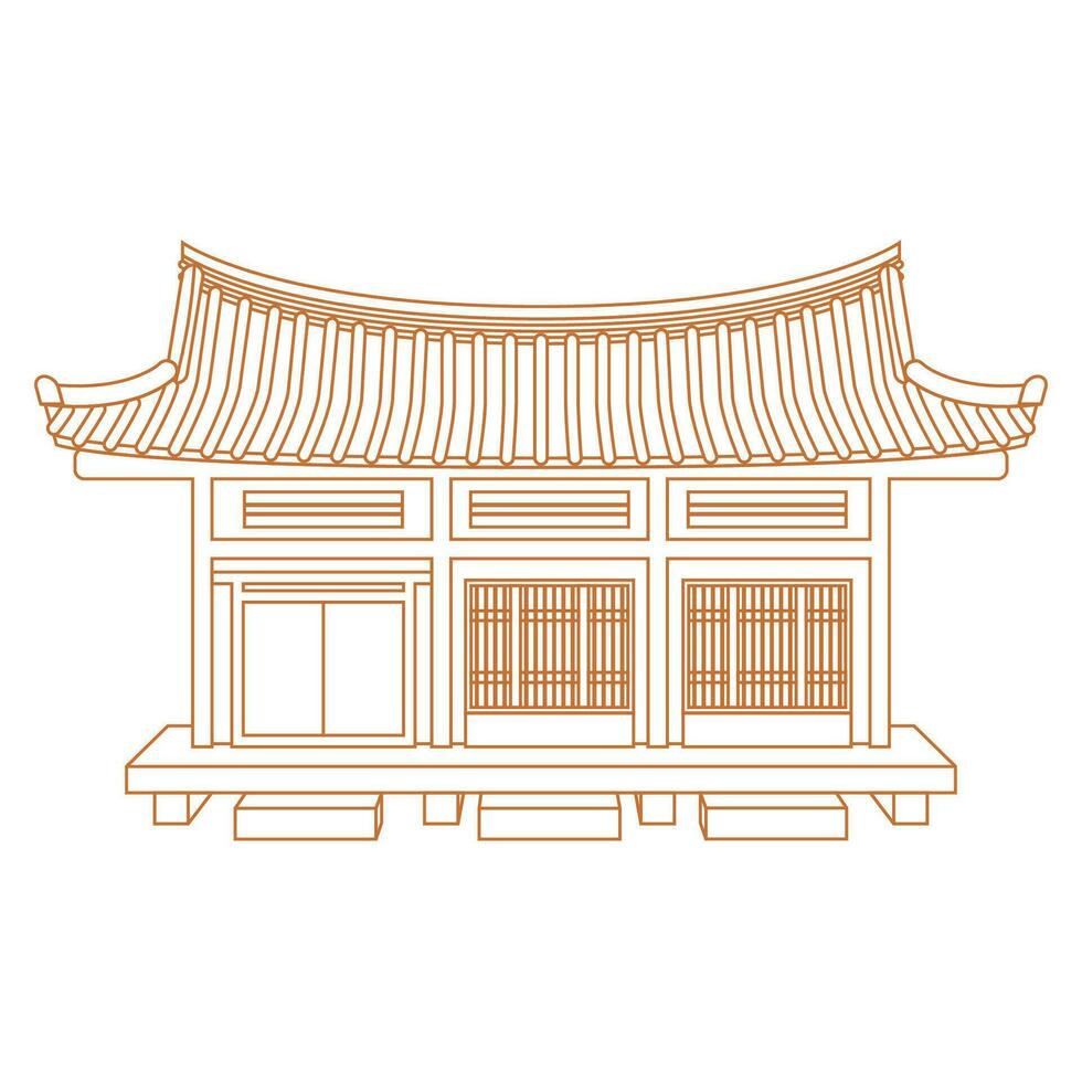 editierbar Vektor Illustration von Gliederung Stil Vorderseite Aussicht breit traditionell Hanok Koreanisch Haus Gebäude zum Kunstwerk Element von orientalisch Geschichte und Kultur verbunden Design