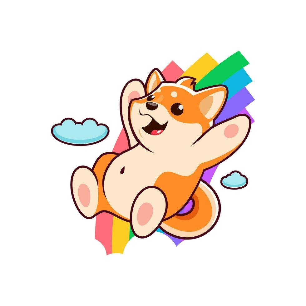 Karikatur glücklich Shiba inu Hund gleiten ein Regenbogen vektor