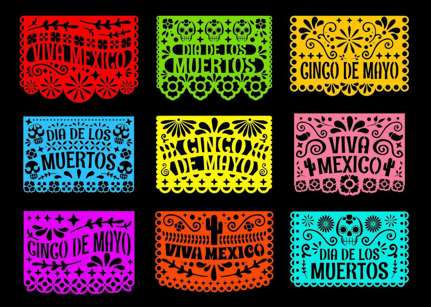 Mexikaner Papier Schnitt Flaggen, dia de los Muertos Karten vektor