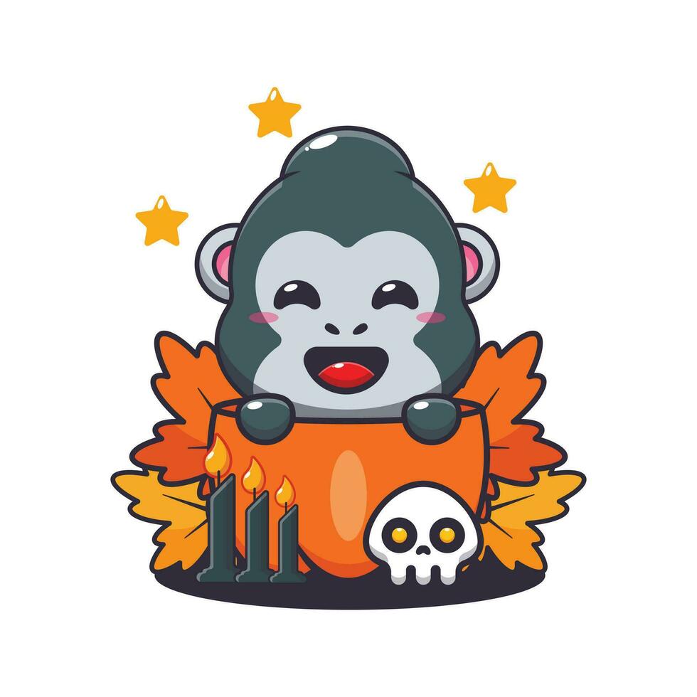 söt gorilla i halloween pumpa. söt halloween tecknad serie illustration. vektor