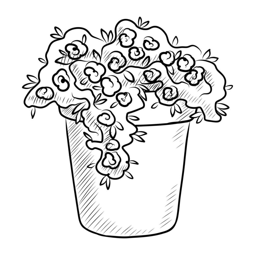 schwarz Vektor isoliert auf ein Weiß Hintergrund Gekritzel Illustration von ein blühen Pflanze im ein Topf