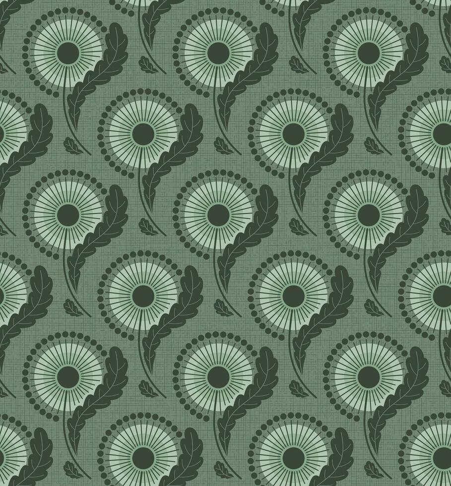 Minze Grün texturiert Vektor nahtlos Hintergrund mit Blühen Löwenzahn im Kunst Jugendstil Stil