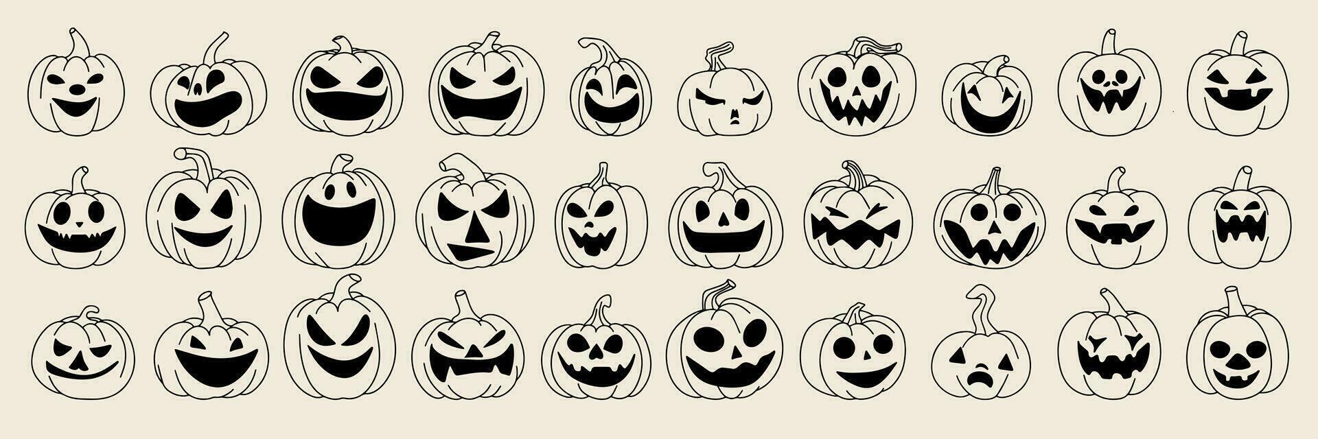 stor samling av halloween pumpor översikt. uppsättning av klotter domkraft o lykta. halloween pumpa ikoner uppsättning. vektor illustration.