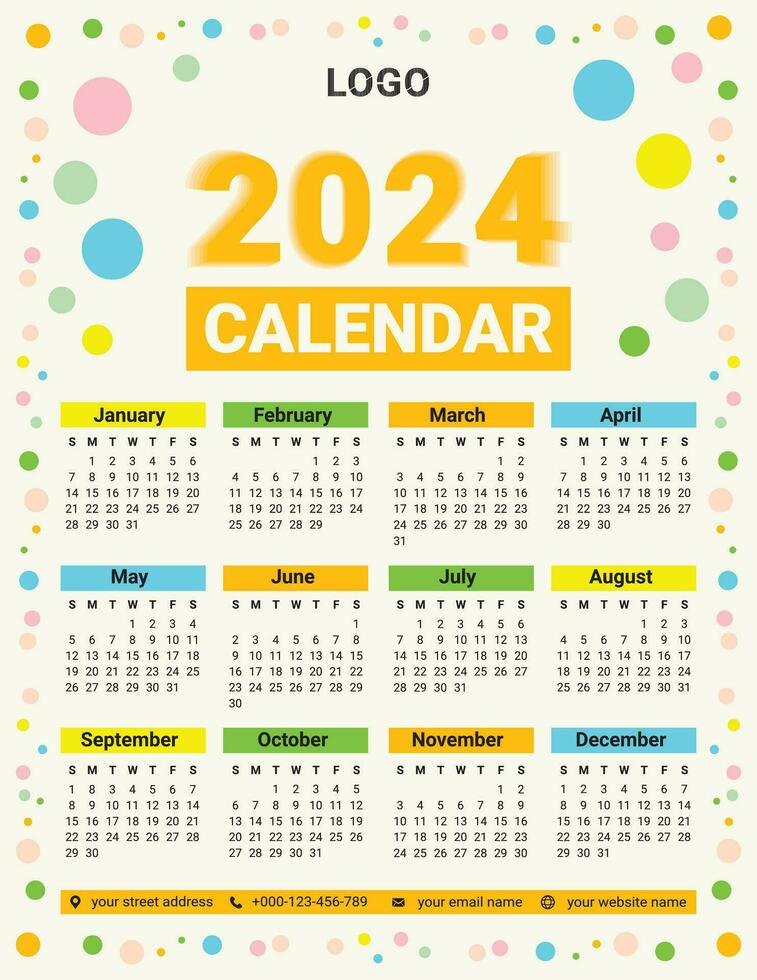 ljus tema 2024 vägg kalender design för tryckbar vektor mall