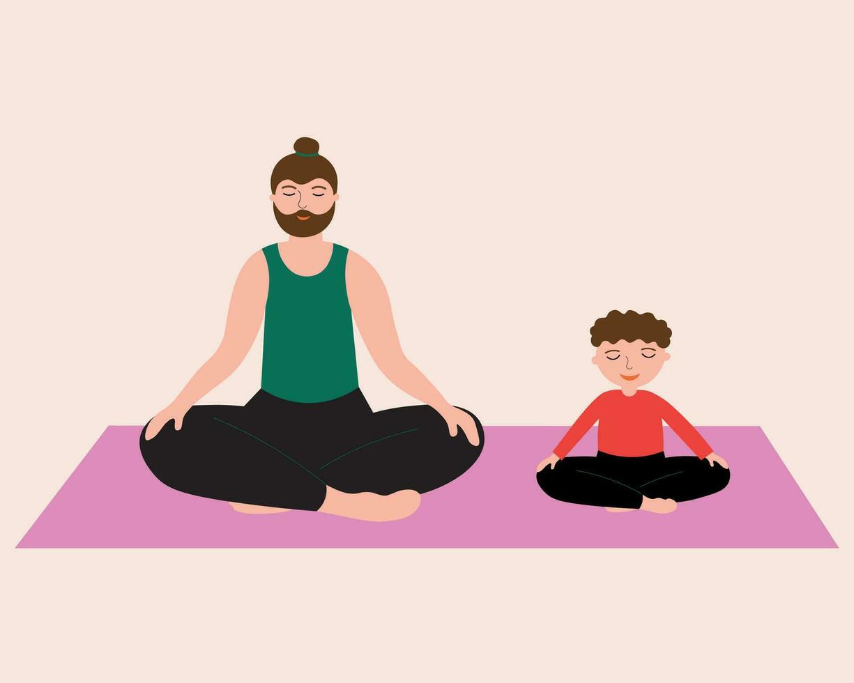 Mann und Junge Sitzung im Lotus Position Meditation, tun Yoga Hand gezeichnet Vektor Illustration. Konzept von Vorschule und Schule Sport Entwicklung, Lebensstil, Gesundheit, Bildung. Karikatur eben Zeichen