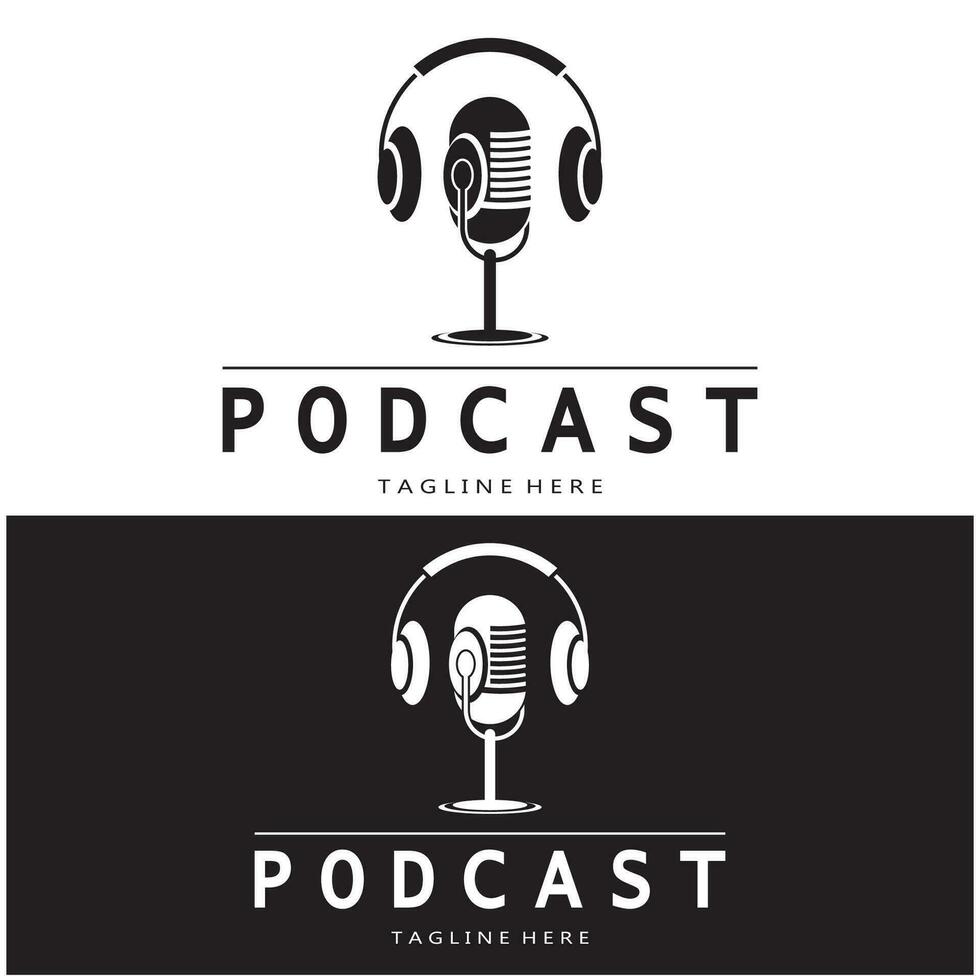 podcast logotyp med mikrofon och hörlur audio, radio vågor. för studio, prata show, chatt, information delning, intervju, multimedia och webb. vektor