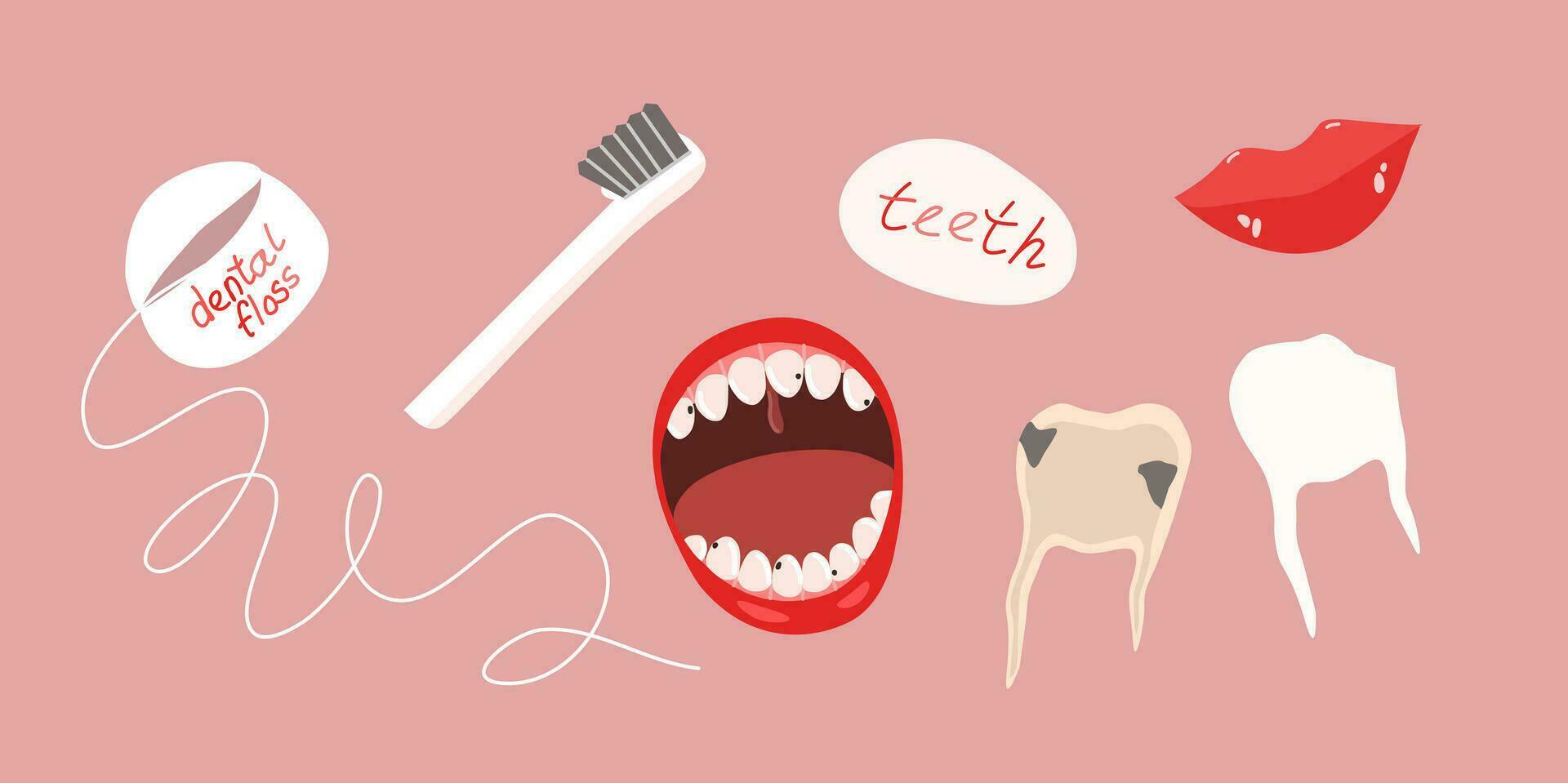 uppsättning av dental hygien verktyg dental flock, tand borsta. vektor platt illustration