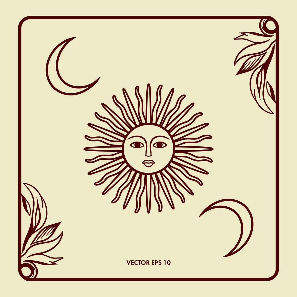 esoterisk Sol med ansikte och måne i en en skön ram. vektor esoterisk illustration. design element för kort, täcker, banderoller, flygblad, inbjudningar.