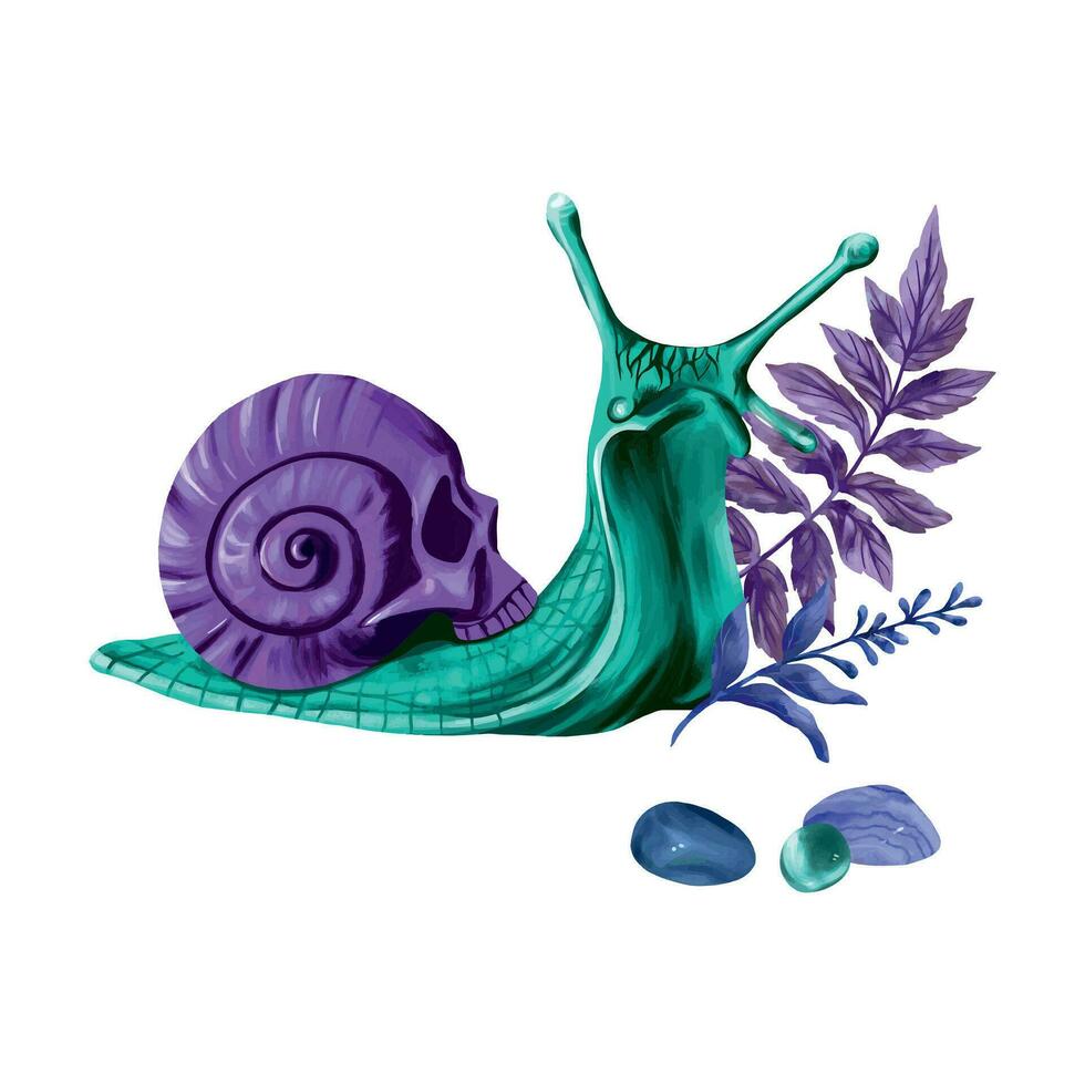 Schnecke, Schädel, Steine und Blätter. Vektor Illustration zum esoterisch und Halloween. Komposition zum Gruß Karten, Urlaub Banner, Flyer, Abdeckungen.