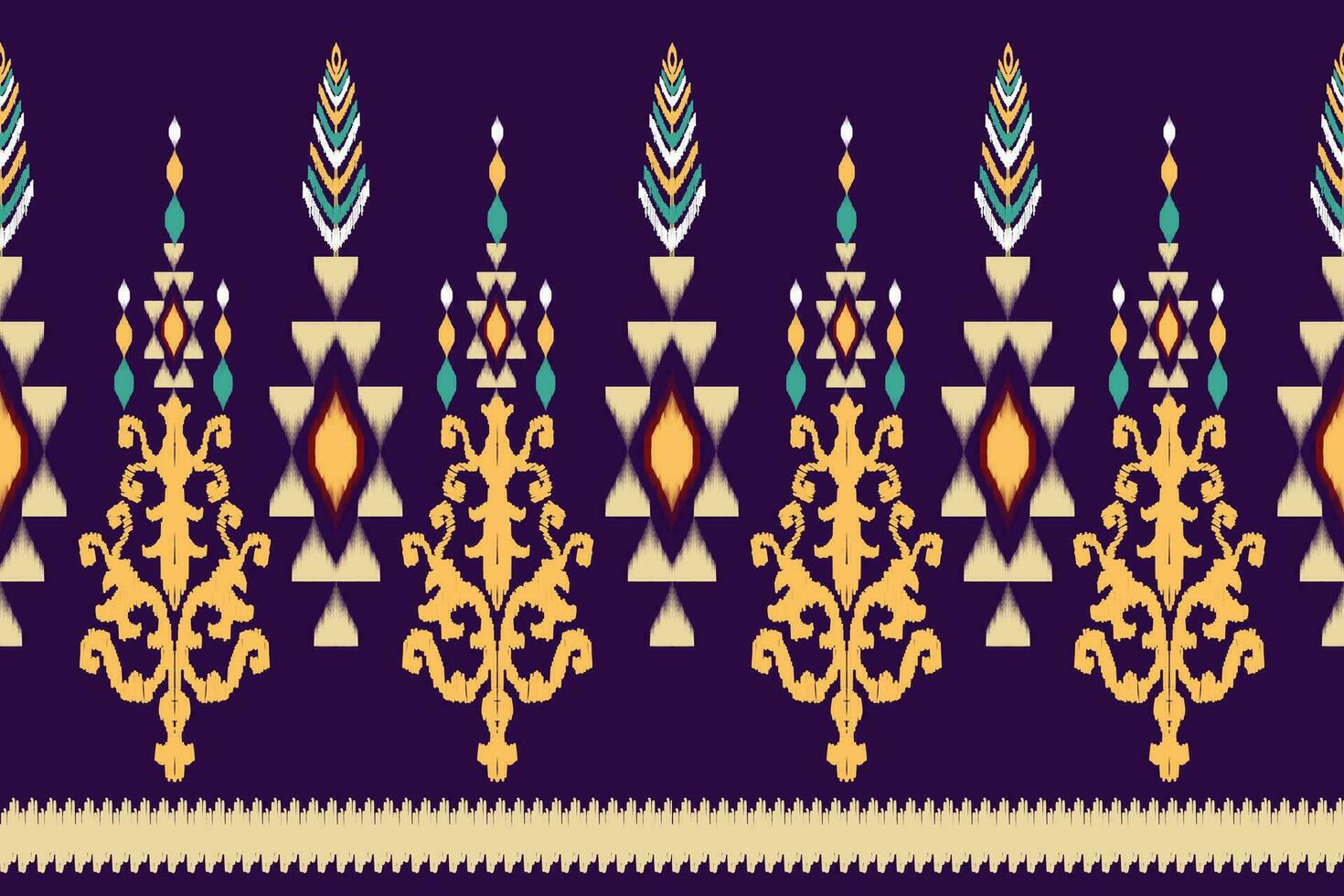 Ikat Paisley Stickerei Muster auf lila Hintergrund, traditionell geometrisch nahtlos Muster, aztekisch abstrakt Vektor Muster Design zum Stoff Textur, Kleidung, wickeln, Sarong Dekoration.