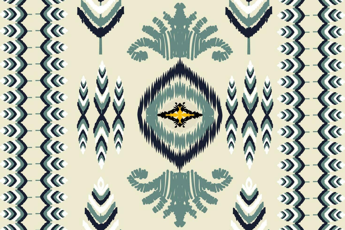 Ikat Paisley Stickerei Muster auf Gelb Hintergrund, traditionell geometrisch nahtlos Muster, aztekisch abstrakt Vektor Design zum Sarong wickeln Textur, drucken Dekoration