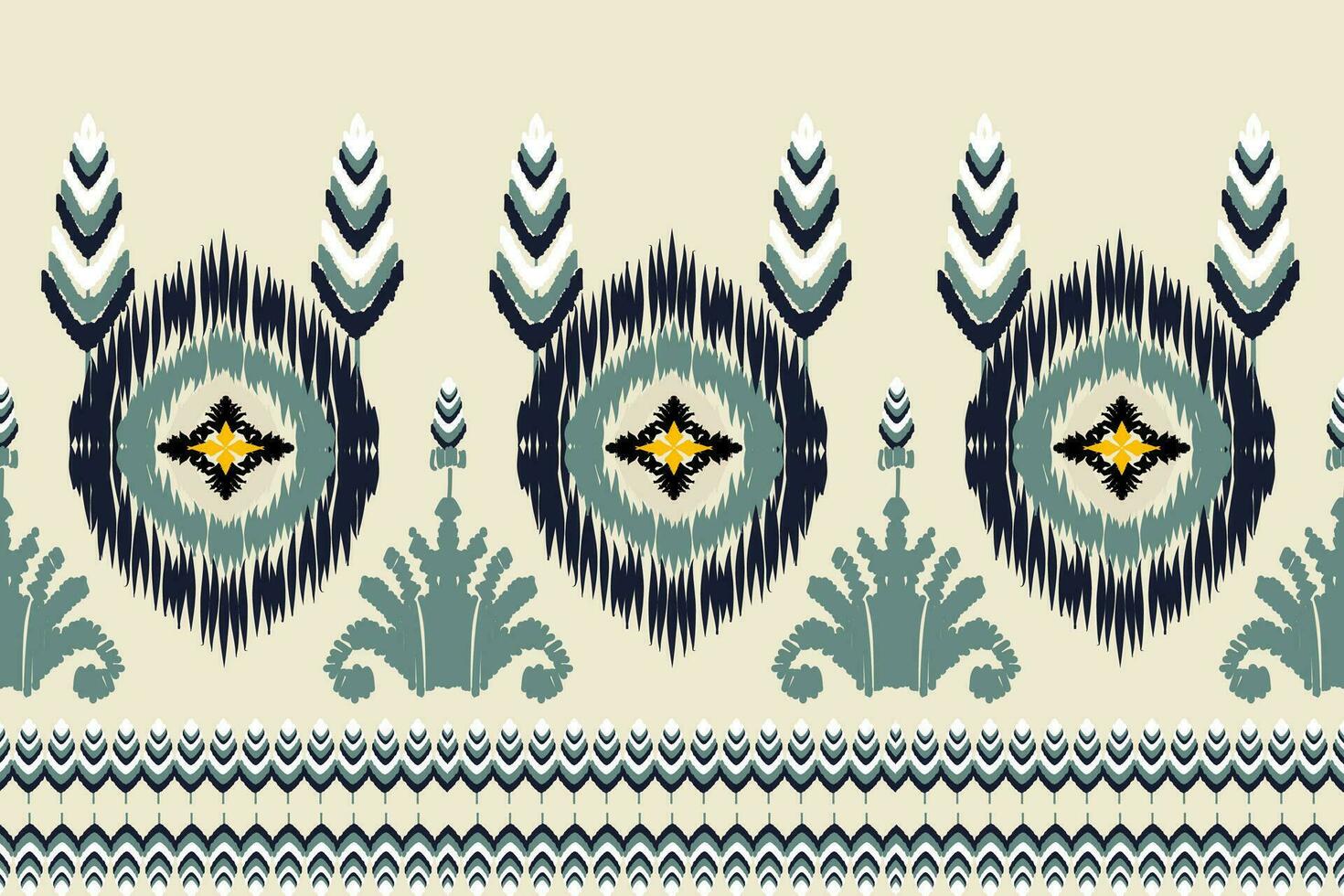 ikat paisley broderi mönster på gul bakgrund, traditionell geometrisk sömlös mönster, aztec abstrakt vektor design för sarong slå in textur, skriva ut dekoration